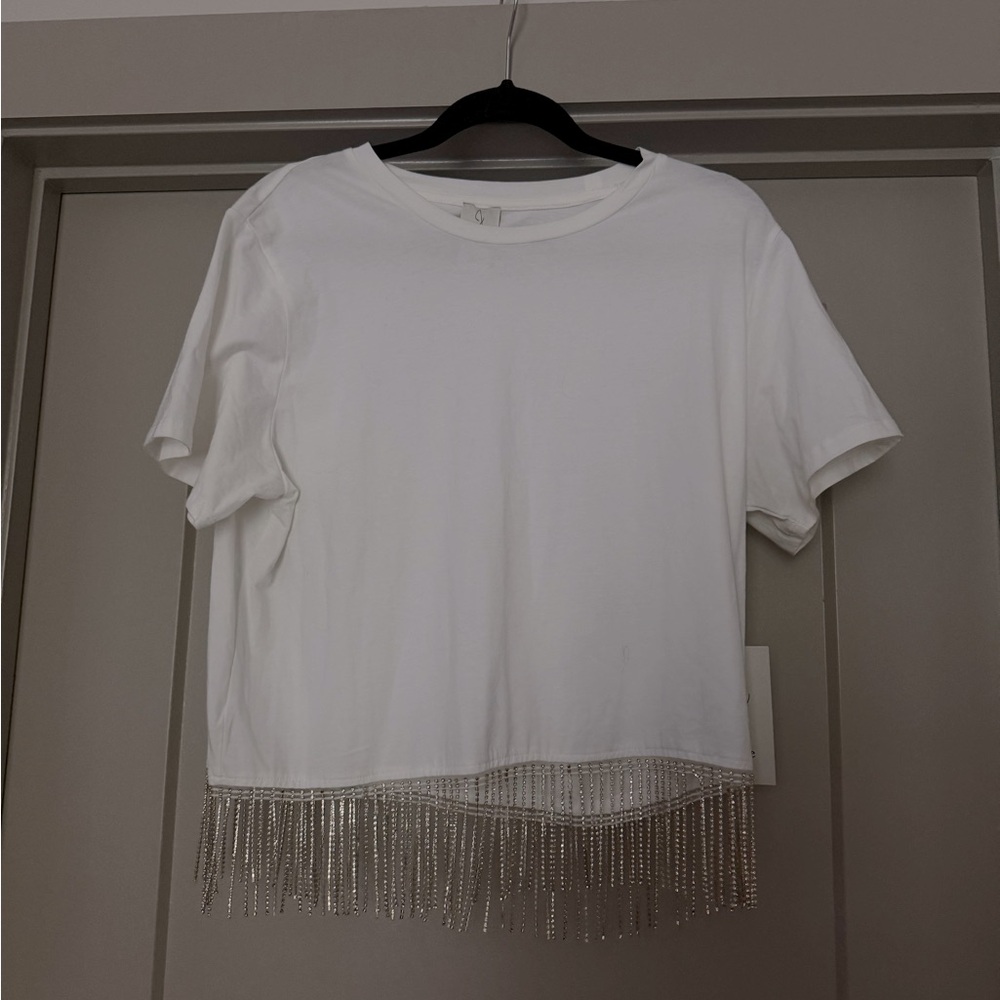 White short sleeve shirt with rhinestone fringe